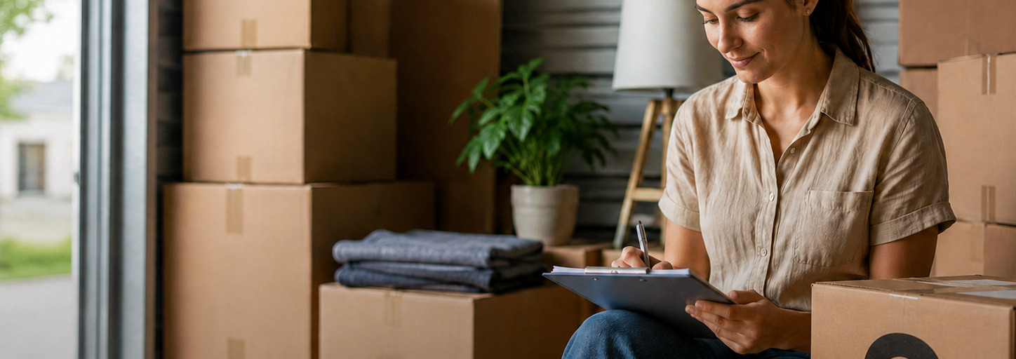 Young woman sitting among cardboard boxes using a smartphone