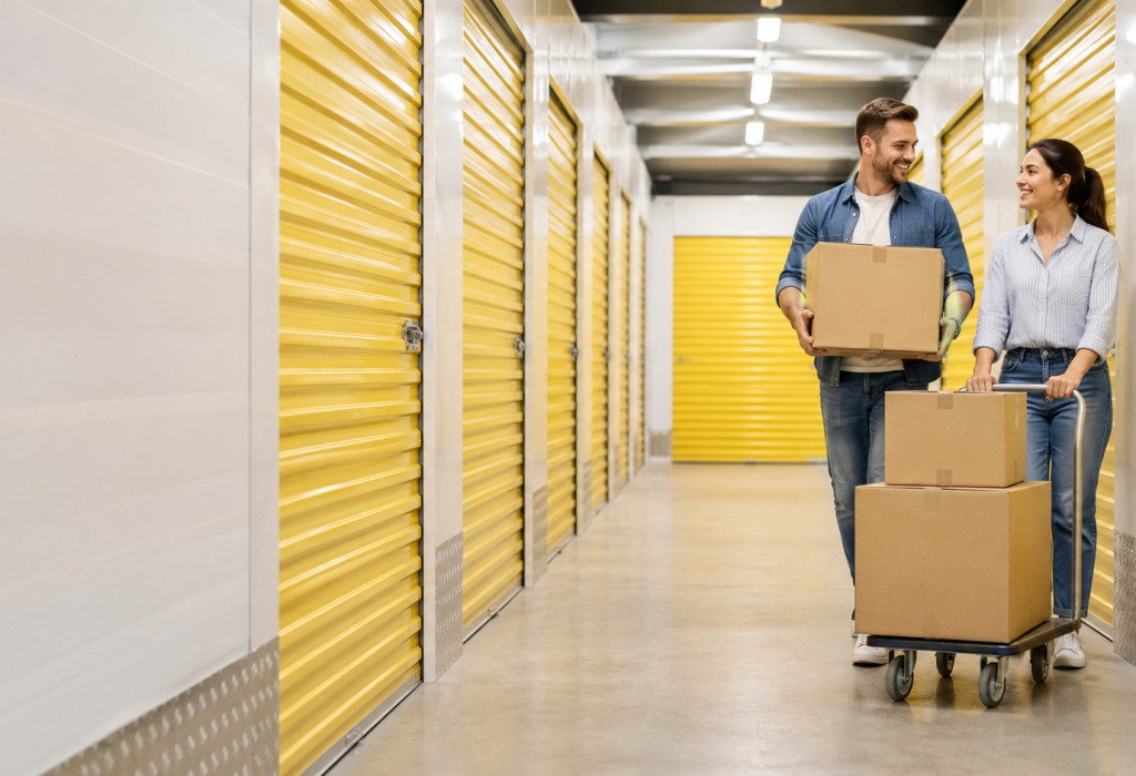Person walking down storage unit corridor, representing variety of unit sizes and climate-controlled environment.